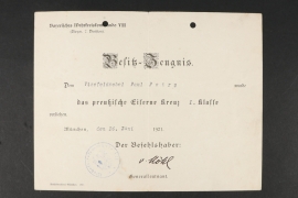 Award document to a Bavarian for a Iron Cross 1st Class