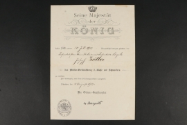 Award Document to the Bavarian Military Merit Order 3rd Class with Swords