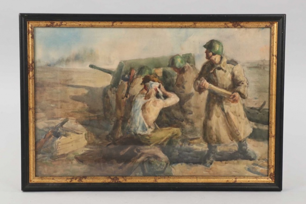 Russian WW1 watercolor painting "During Battle"