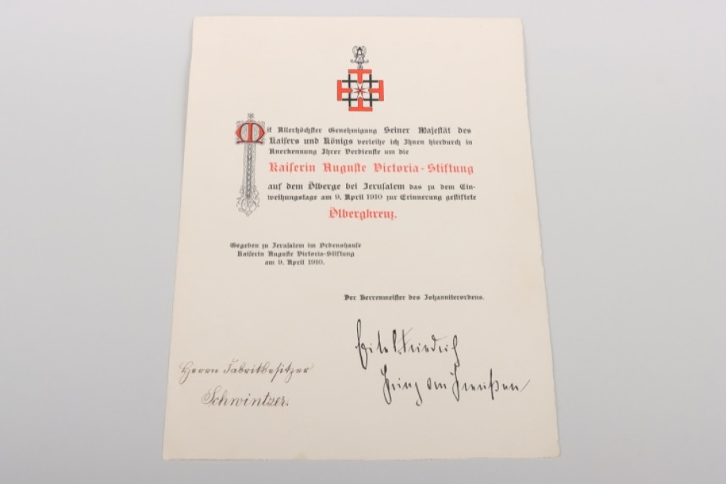 von Preußen, Eitel Friedrich - Signed "Ölbergkreuz" certificate