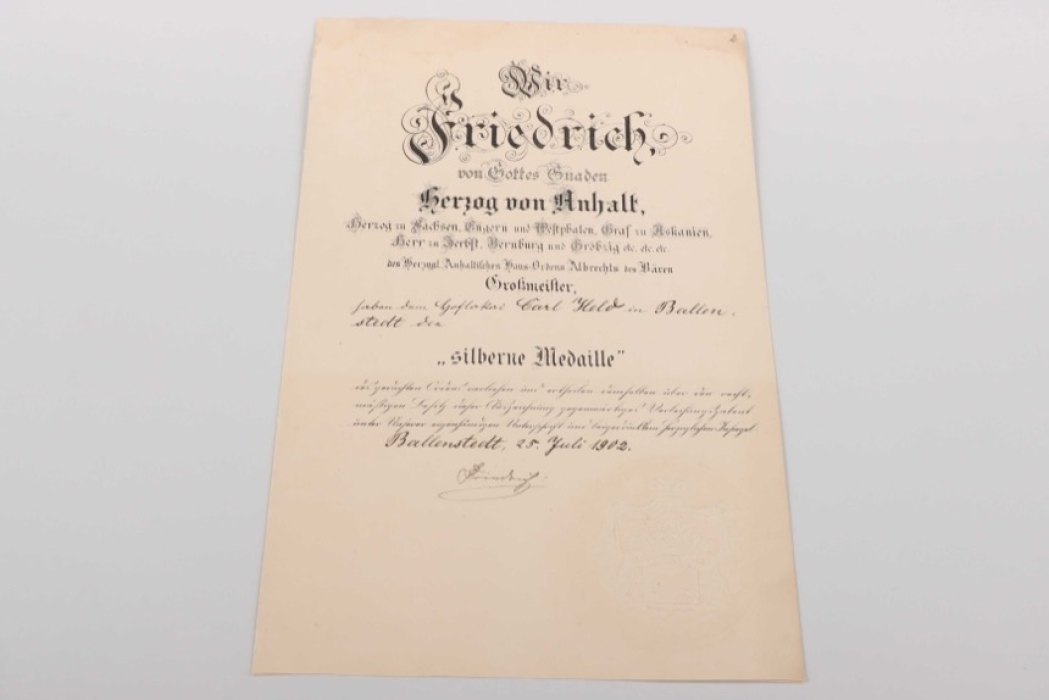 Anhalt - Hausorden Albrechts des Bären "Silberne Medaille" certificate