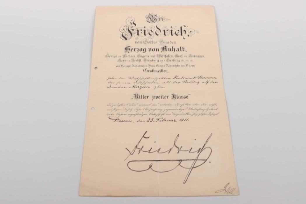 Anhalt - Hausorden Albrechts des Bären "Ritter zweiter Klasse" certificate