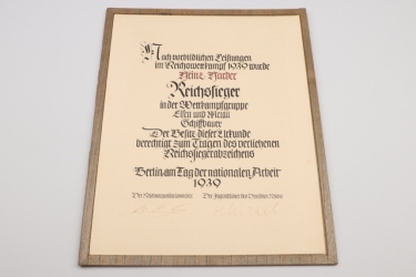 1939 Reichssieger Badge certificate - von Schirach & Ley signed