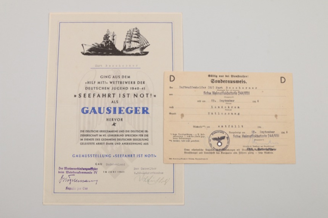 1940-41 Gausieger certificate to Flak helper 