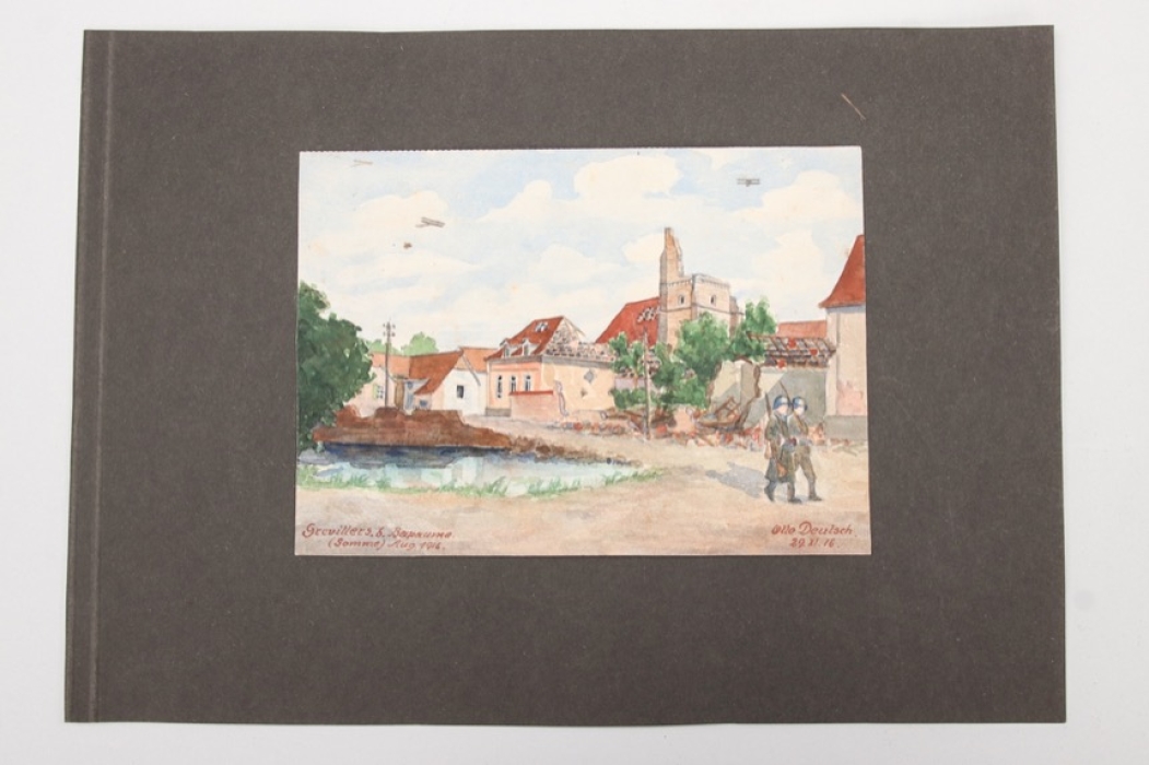 Deutsch, Otto - "Flieger über der Somme" gouache painting