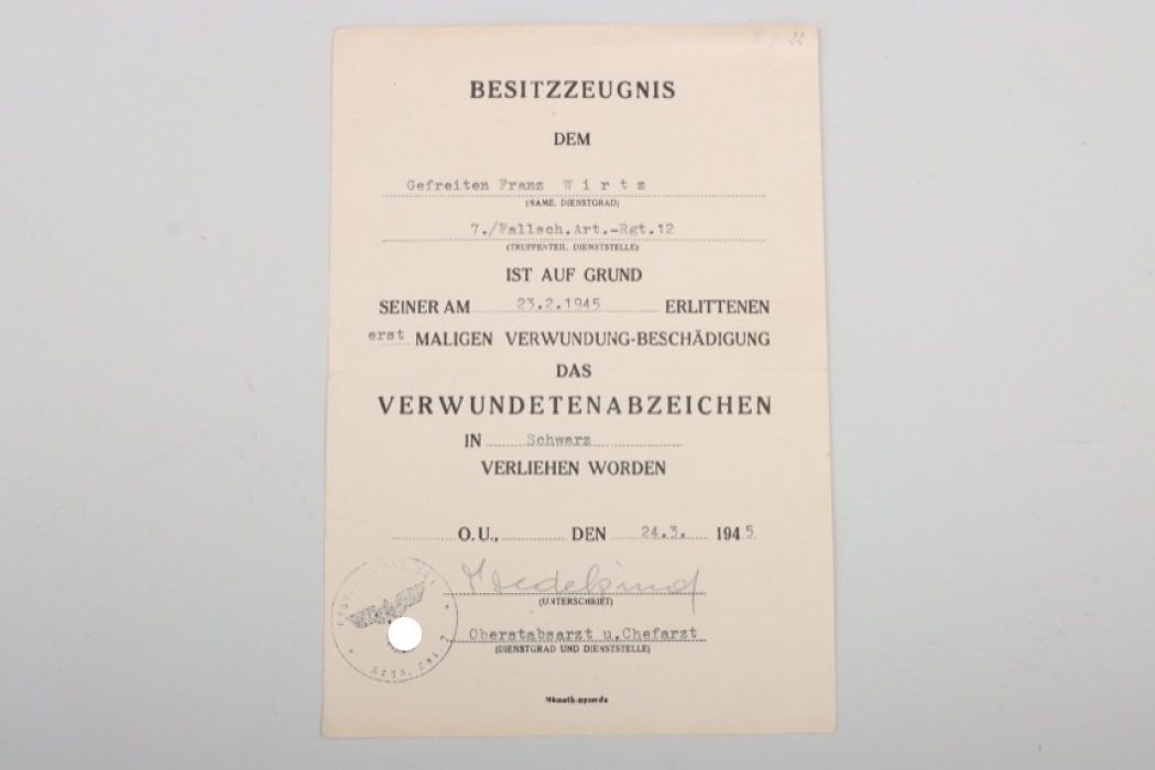 Fallschirm.Art.Rgt. 12 Wound Badge in Black certificate